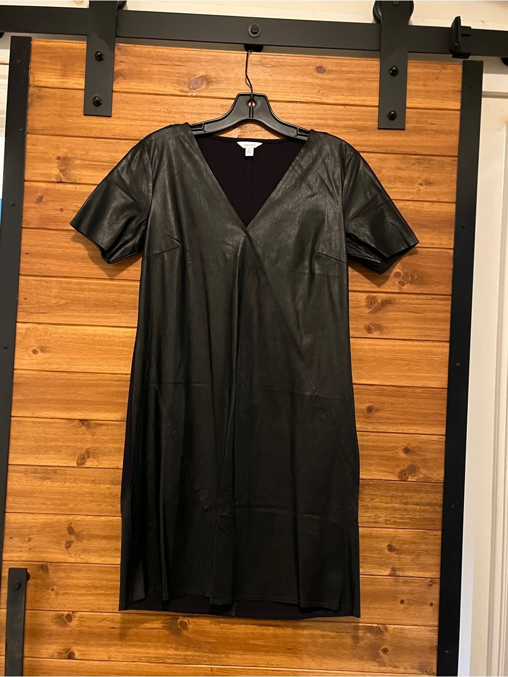 Calvin Klein Black Faux Leather V-Neck Mini Dress